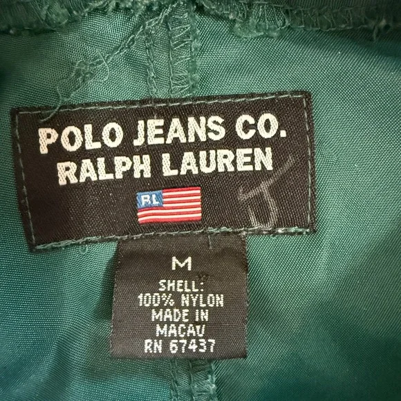 Vintage Polo Jeans Ralph‎ Lauren Green Nylon Windbreaker Hoodie Jacket Medium - Picture 10 of 11